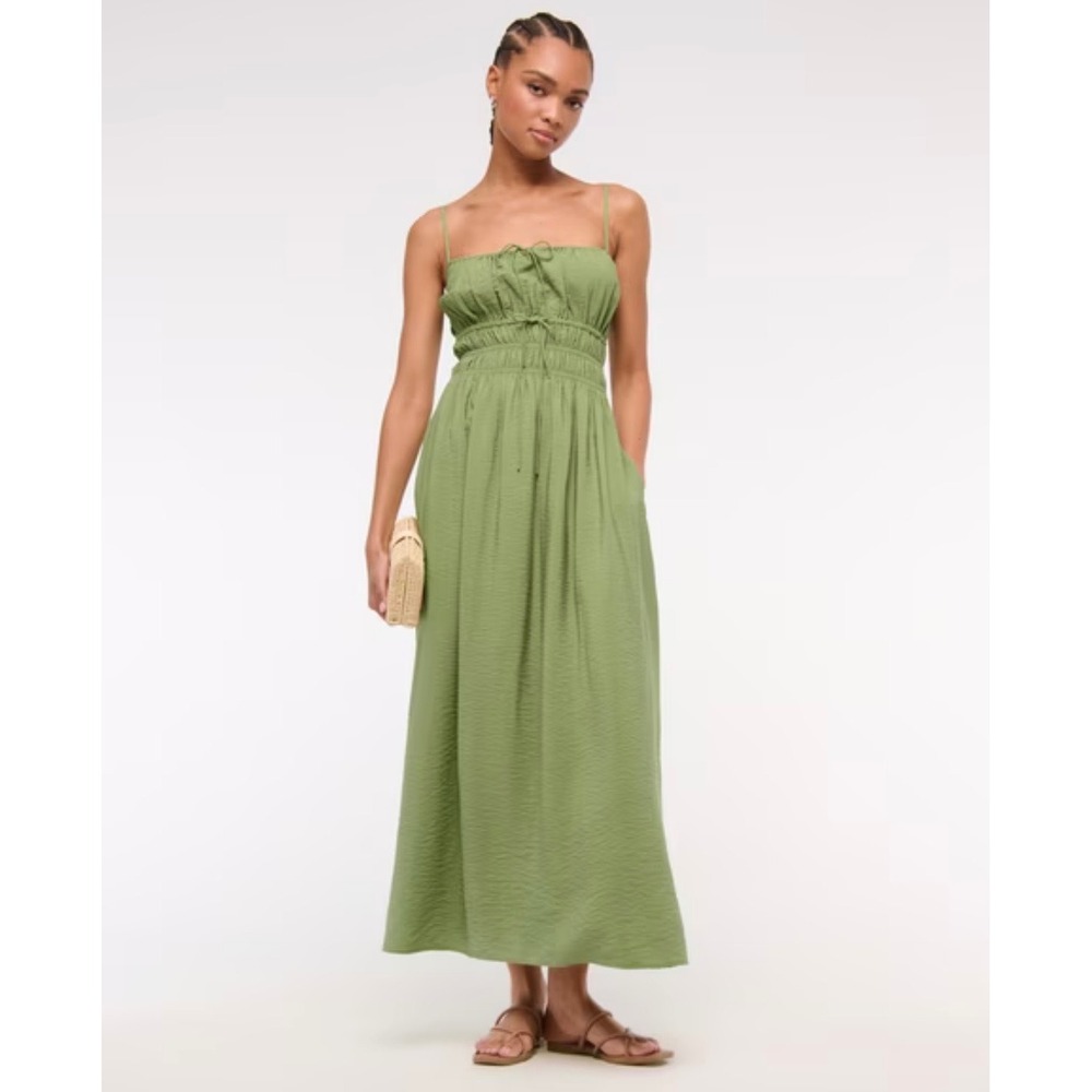 Abercrombie & Fitch Green Smocked Maxi Dress XL NEW Tie Front Cottage Pocket